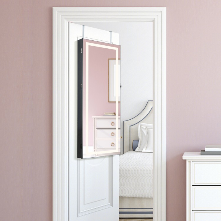 Lockable jewelry mirror wall cabinet with 3-color LED lights, featuring a full-length mirror and ample storage space.
