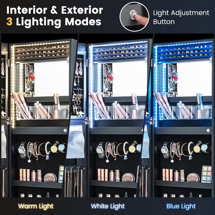 Lockable jewelry mirror cabinet with 3-color LED lights, showcasing warm, white, and blue light settings for versatile.