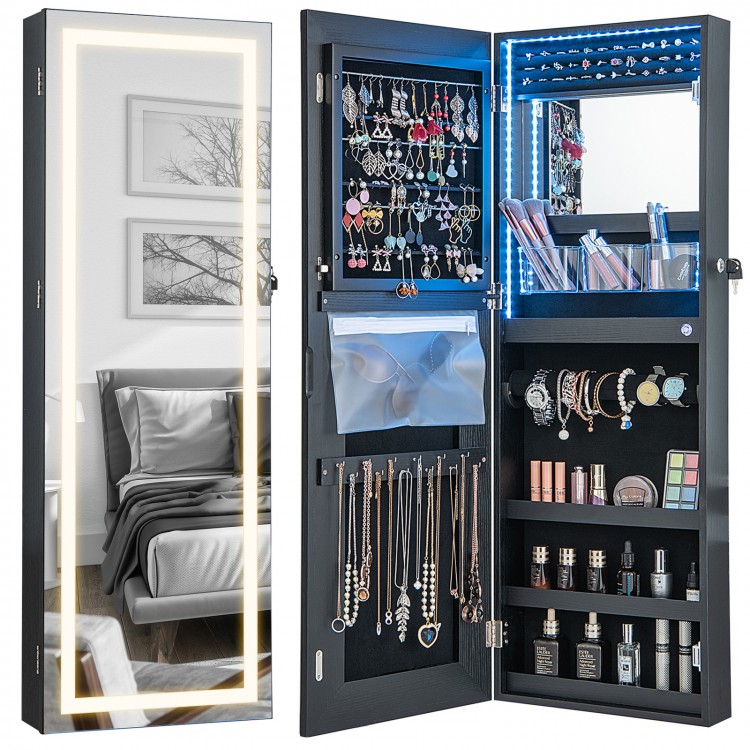 Lockable black jewelry mirror cabinet with LED lights, velvet lining, and ample storage for accessories and valuables.