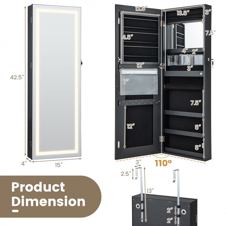 42.5 Inches Lockable Jewelry Mirror Wall Cabinet with 3-Color LED Lights - Gallery View 4 of 9