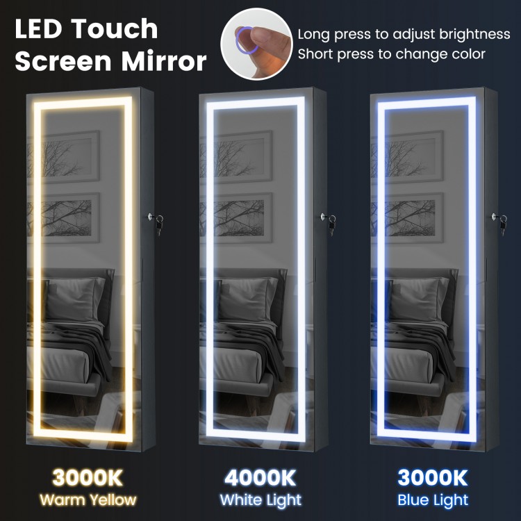Lockable jewelry mirror cabinet with 3-color LED lights, featuring a full-length mirror and ample storage in black.