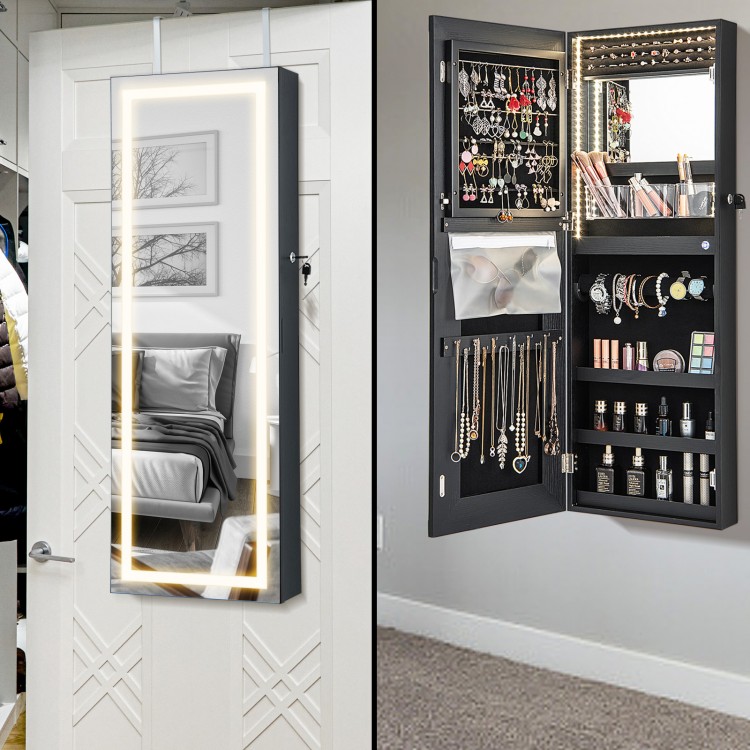 Lockable jewelry mirror wall cabinet with LED lights, featuring ample storage and velvet lining for protection.
