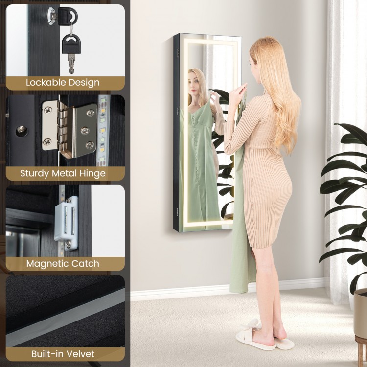 Lockable jewelry mirror wall cabinet with 3-color LED lights, sturdy metal hinge, and built-in velvet for jewelry.