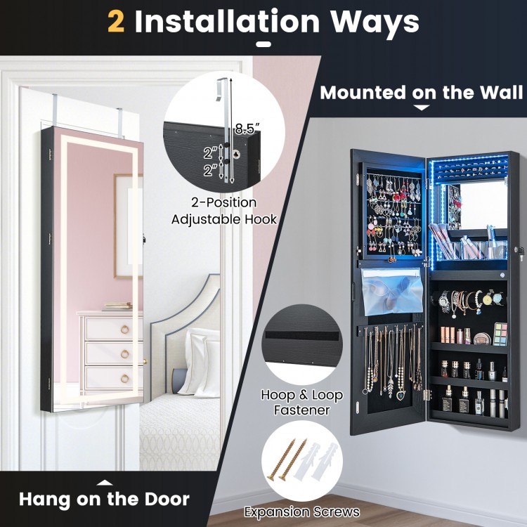 Lockable jewelry mirror cabinet in black with adjustable LED lights, showcasing two installation options for versatile.