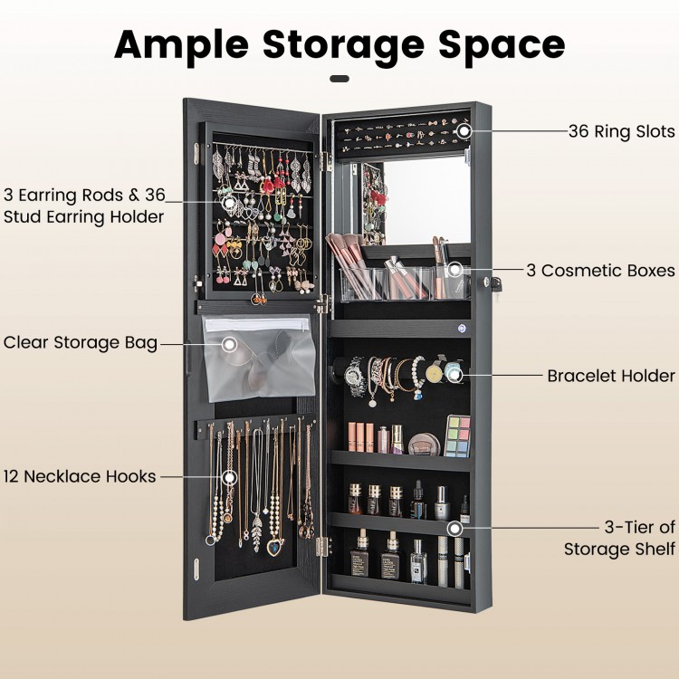 Lockable black jewelry mirror cabinet with LED lights, featuring earring rods, necklace hooks, and ample storage space.