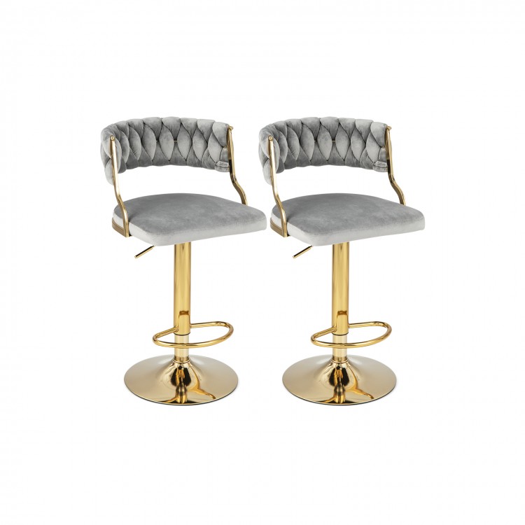 Set of 2 gray swivel barstools with woven backrest and gold finish, adjustable height for kitchen islands and cafes.