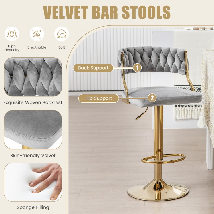 Gray swivel barstool with woven backrest and golden finish, adjustable height for kitchen islands or cafes.