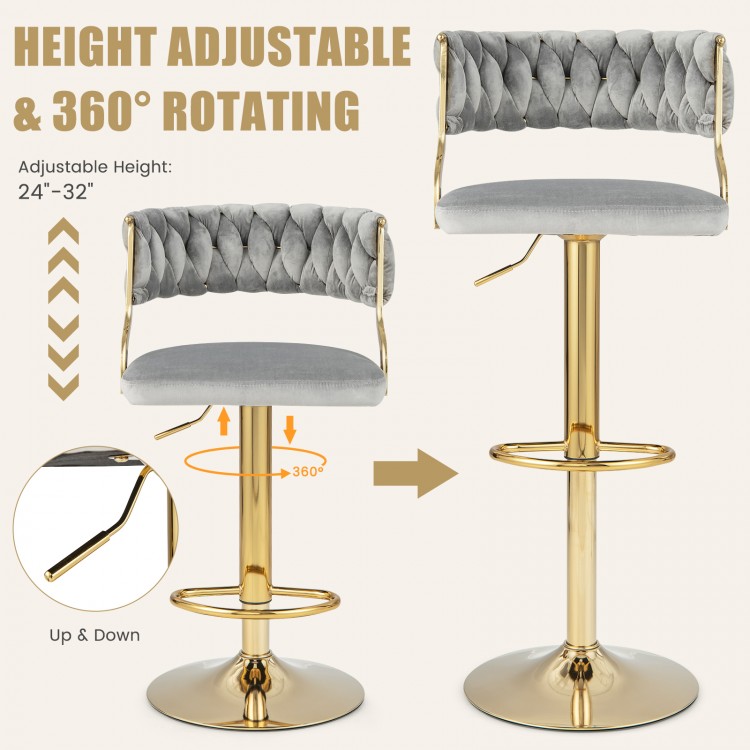 Height adjustable gray swivel barstool with woven back and golden finish, perfect for kitchen islands and cafes.