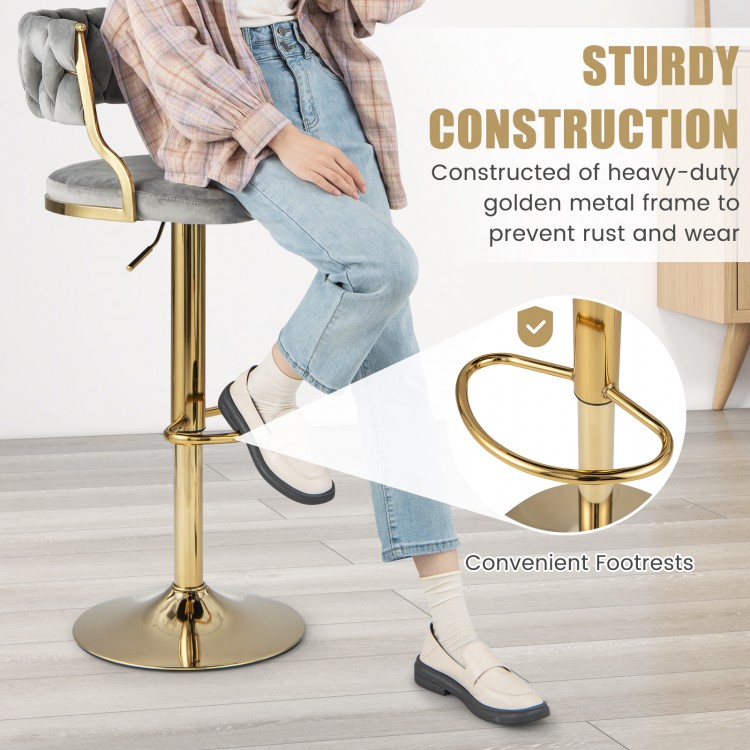Swivel barstool with woven back and golden metal frame, adjustable height for kitchen islands, featuring ergonomic.
