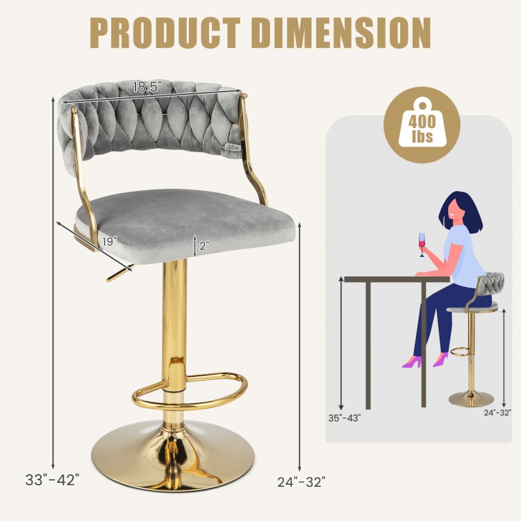 Gray swivel barstool with woven backrest, adjustable height 24"-32", suitable for kitchen islands and cafes.