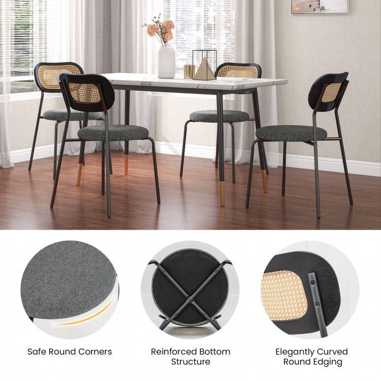Set of 2 gray rattan dining chairs with metal legs, featuring ergonomic design and padded seats for comfort.