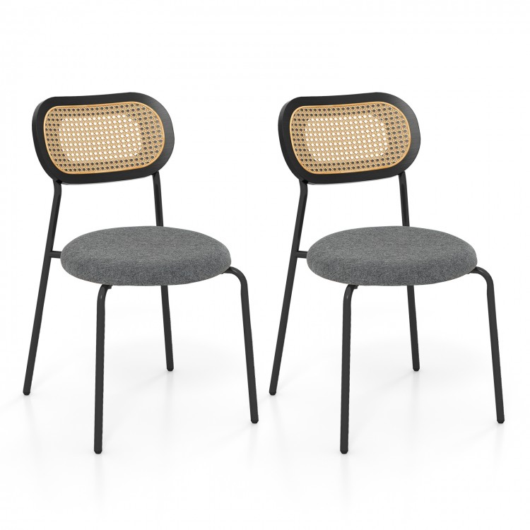Set of 2 gray dining chairs with rattan backrest and padded seats, perfect for modern dining areas.