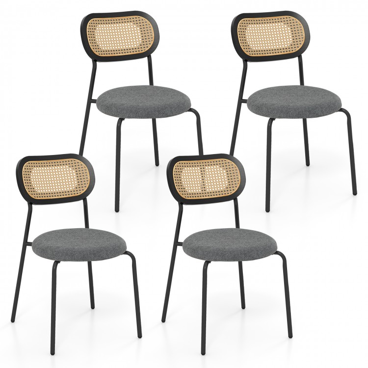 Set of 4 gray dining chairs featuring rattan backrests and padded seats, perfect for modern dining areas.