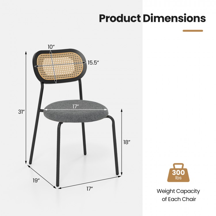 Rattan dining chair with metal legs, gray padded seat, ergonomic backrest, dimensions 31"x19"x18", supports 300 lbs.