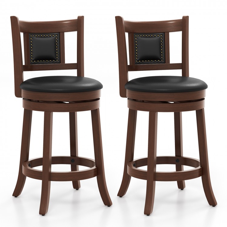 Set of 2 25.5-inch upholstered bar stools with curved backrest, rubber wood frame, and black seat for kitchen or dining.