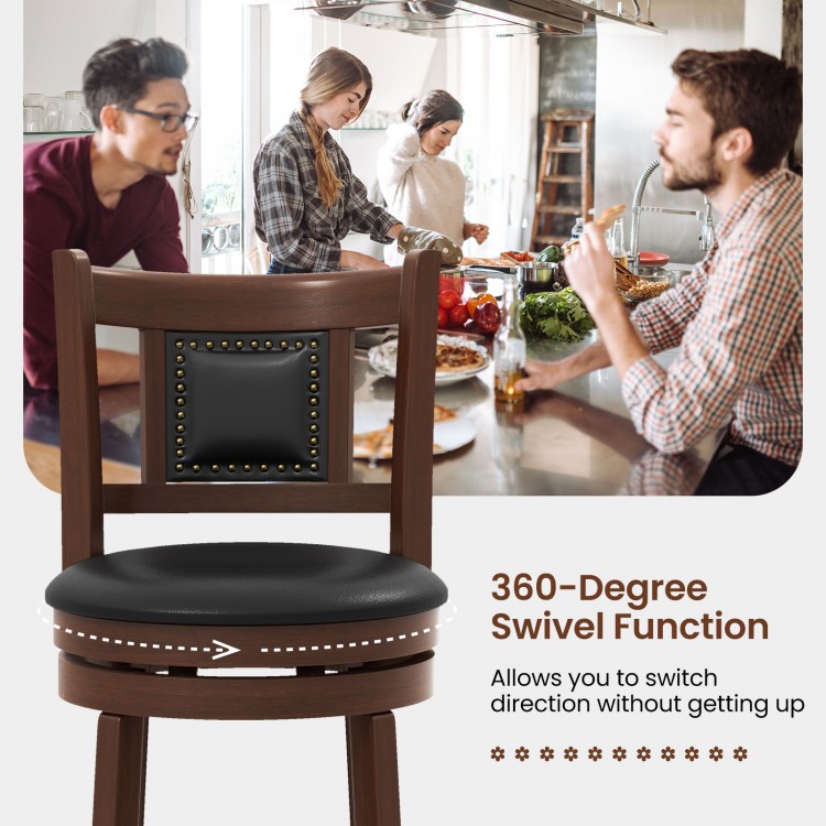 Upholstered bar stool with curved backrest, 360-degree swivel function, and rubber wood frame for kitchen or dining use.