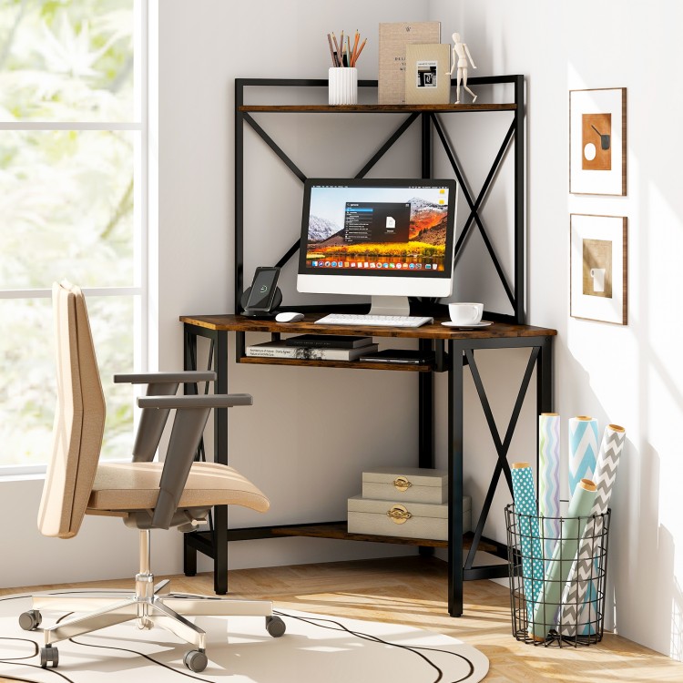 Rustic brown corner computer desk with a spacious desktop and adjustable foot pads for enhanced stability and comfort.