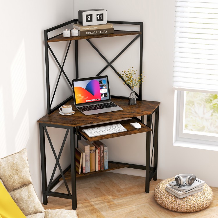 Rustic brown corner computer desk featuring a spacious desktop and additional bottom shelf for extra storage and.