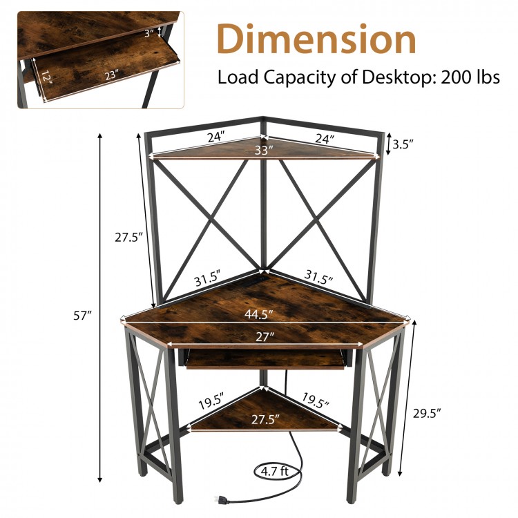 Detailed dimension chart of the rustic brown corner computer desk highlighting its versatile storage and workspace.