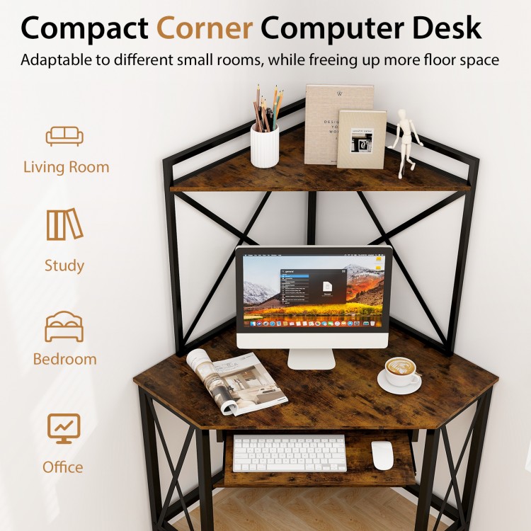 Compact corner computer desk in rustic brown featuring a pull-out keyboard tray and anti-falling metal baffle for.