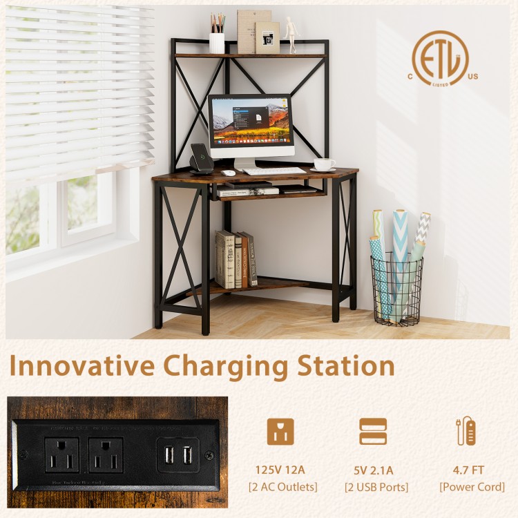 Space-saving corner computer desk in rustic brown with hutch, keyboard tray, and innovative charging station for.