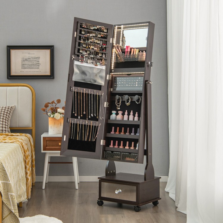 Lockable jewelry cabinet armoire with full-length mirror, LED lights, and multiple storage options for organized.
