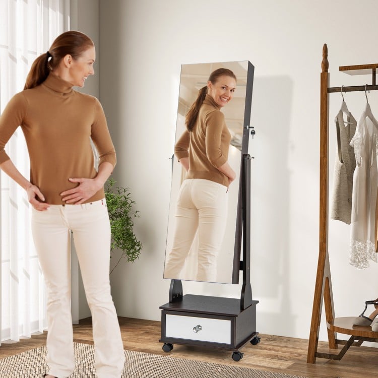 Full-length mirror jewelry cabinet in brown with LED lights, lockable storage, and adjustable tilt for versatile use.