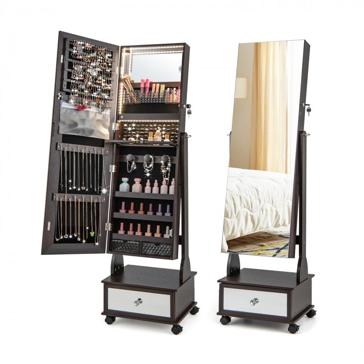 Lockable jewelry cabinet armoire with full-length mirror, LED lights, and storage for efficient organization in brown.