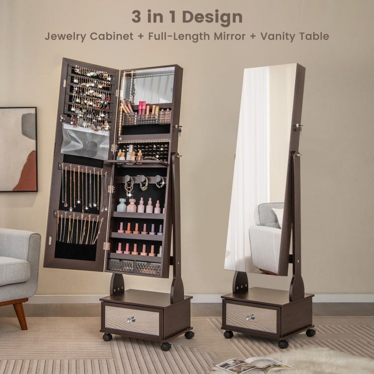 Lockable jewelry cabinet armoire with full-length mirror, LED lights, and storage, designed for elegant home decor.