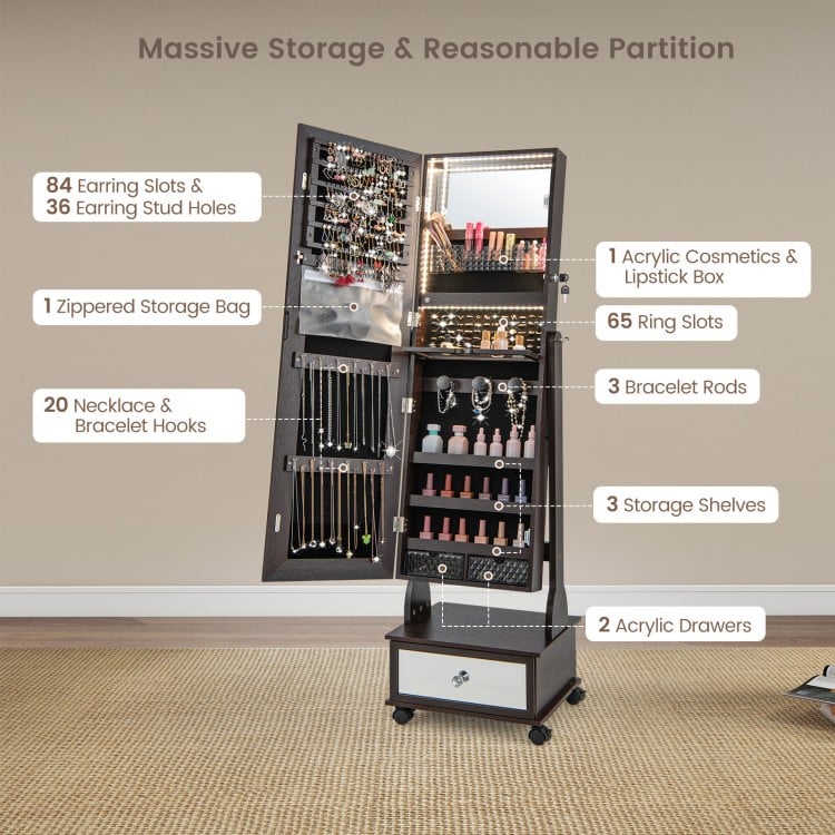 47-inch brown jewelry cabinet armoire with LED lights, full-length mirror, and multiple storage options for organized.