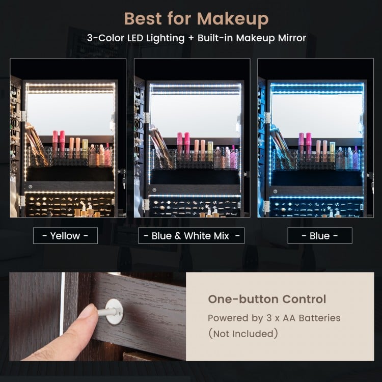 Lockable jewelry cabinet armoire in brown with 3-color LED lights and full-length mirror for efficient jewelry.