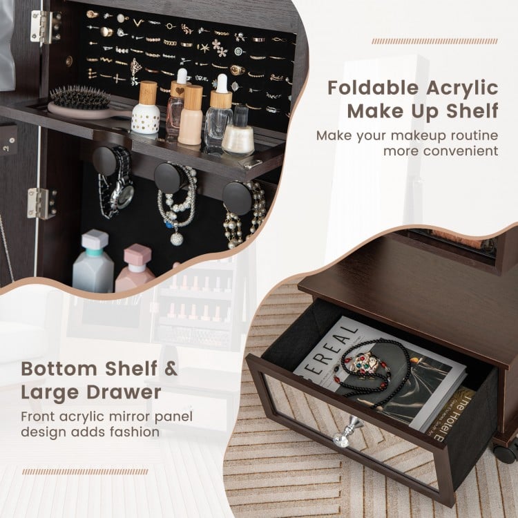 Foldable acrylic makeup shelf and large drawer in a 47-inch brown jewelry cabinet with LED lights for organized storage.