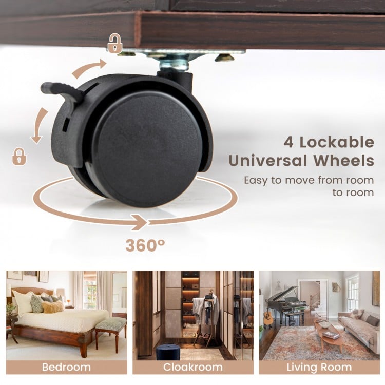 Close-up of the lockable wheels on the 47-inch jewelry cabinet armoire for easy mobility between rooms.