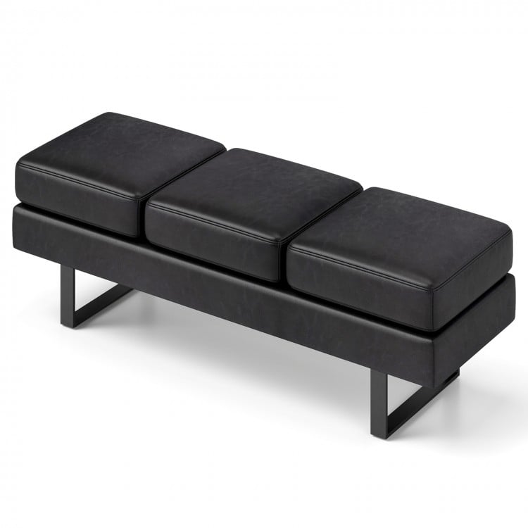 Black waiting room bench seating for 3 adults with removable cushions and a heavy-duty metal frame for stability.