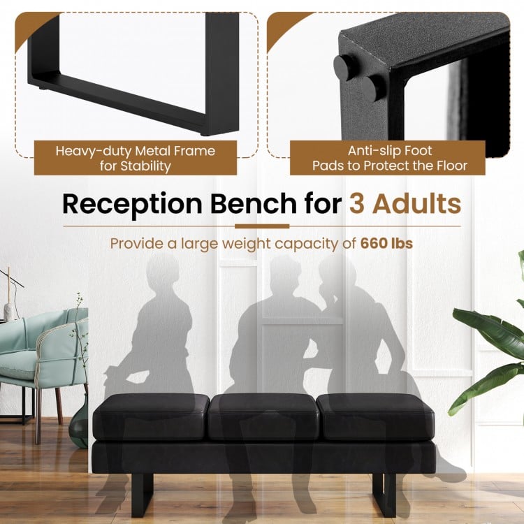 Reception bench seating for 3 adults, featuring a heavy-duty metal frame and removable cushions, ideal for waiting.