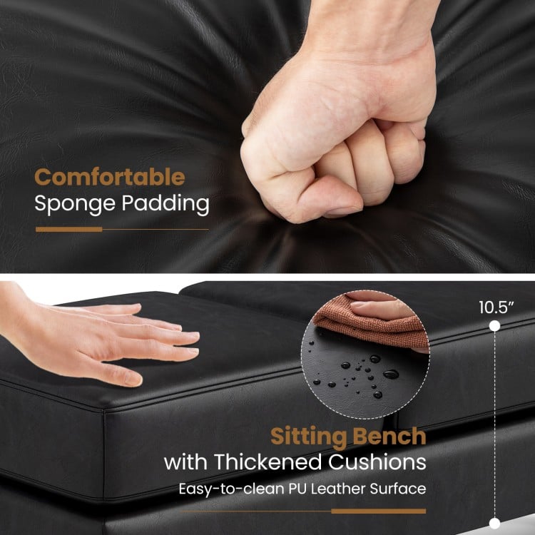 Sitting bench with thickened cushions, 10.5" height, black PU leather surface, ideal for waiting room seating.