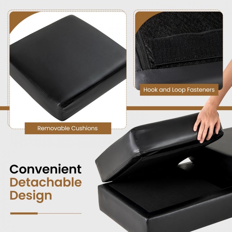 Removable cushion detail of the black waiting room bench with hook and loop fasteners for easy cleaning and maintenance.