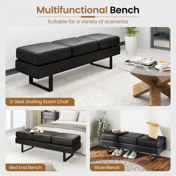 Black multifunctional bench with removable cushions, metal frame, suitable for waiting rooms or as a shoe bench.