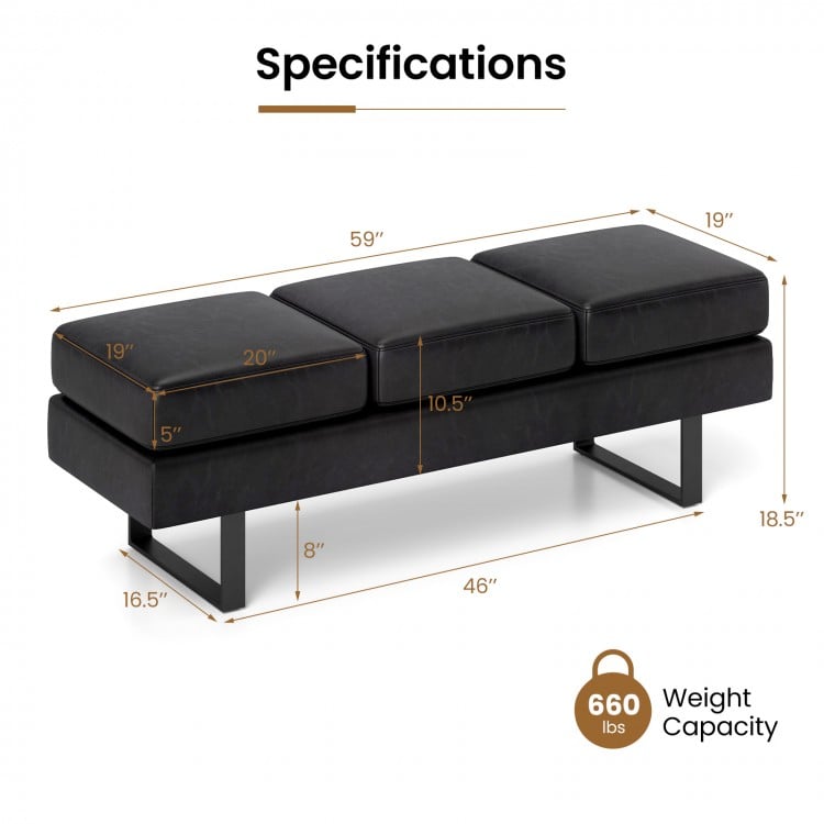 Black waiting room bench seating with metal frame, removable cushions, and 660 lbs weight capacity for reception areas.