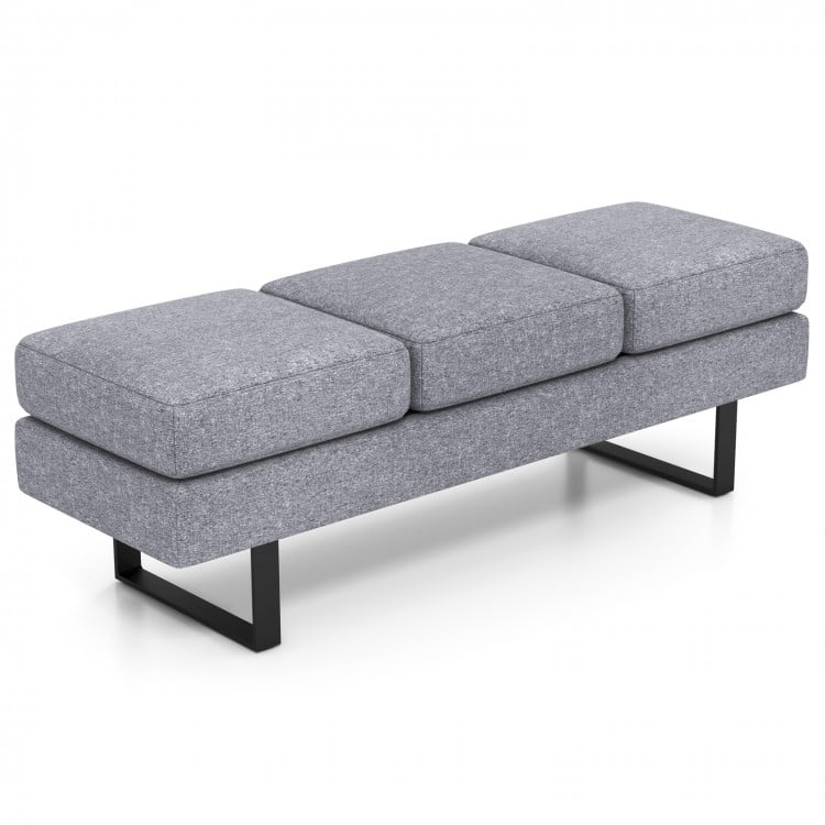 Gray waiting room bench seating with removable cushions and metal frame, designed for comfort and stability.
