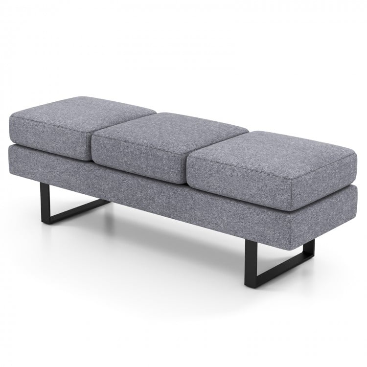 Gray waiting room bench seating for 3 adults with removable cushions and heavy-duty metal frame for stability.