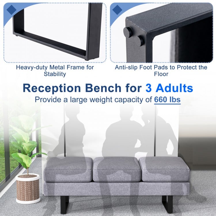 Gray reception bench seating for 3 adults, featuring a heavy-duty metal frame and removable cushions for comfort.
