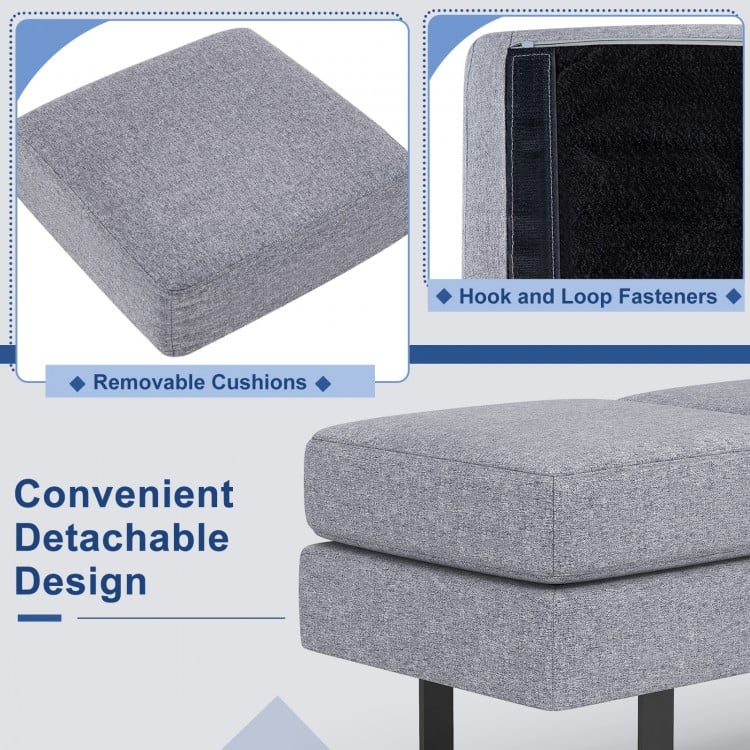 Removable cushion detail of the gray waiting room bench with metal frame, featuring hook and loop fasteners for easy.