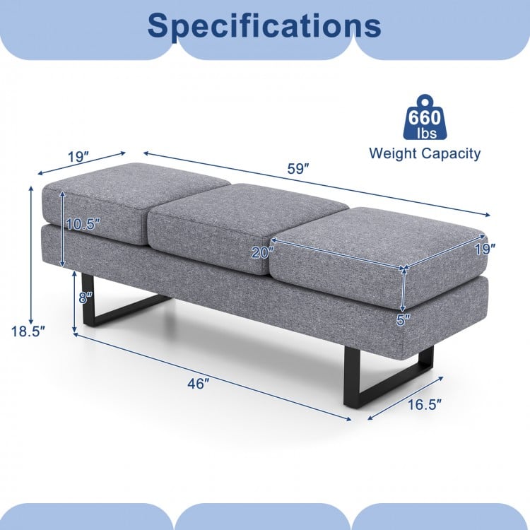 Gray waiting room bench seating with metal frame, removable cushions, and 660 lbs weight capacity for reception areas.