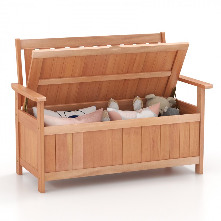 48-inch patio wood storage bench with slatted backrest, offering 34.2 gal storage for outdoor essentials and.