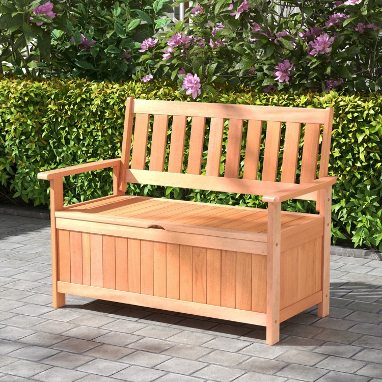 Patio wood storage bench with slatted backrest, 48 inches, offers 34.2 gal storage for outdoor essentials.