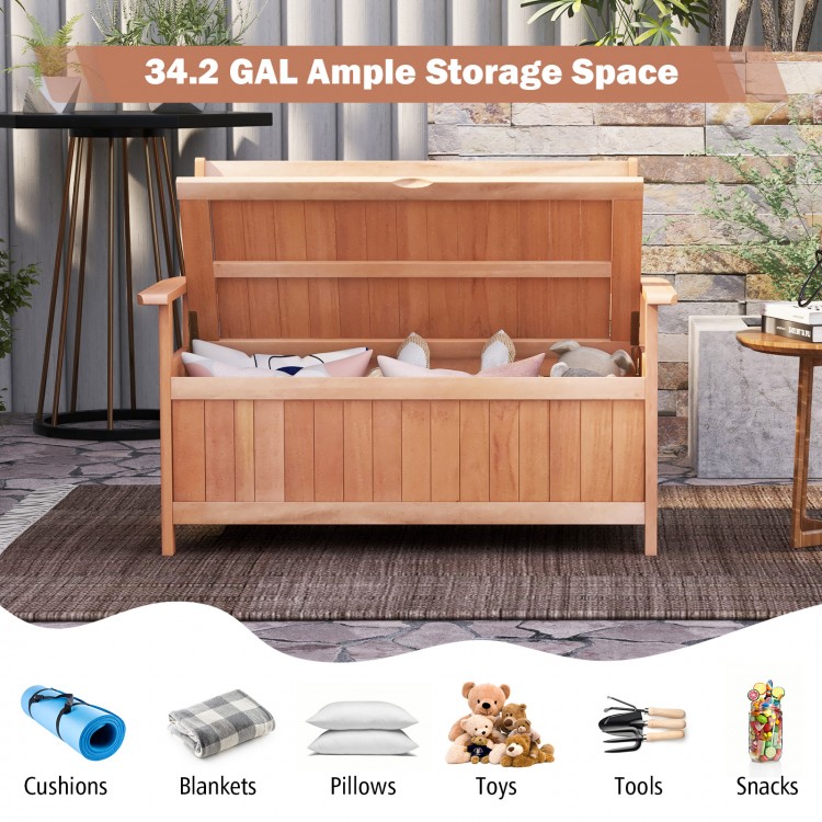 Patio wood storage bench with slatted backrest, 34.2 gal capacity, ideal for outdoor cushions and toys organization.