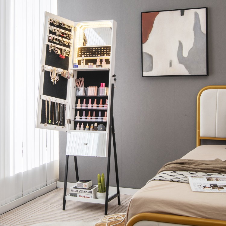 Freestanding jewelry organizer in white with full-length mirror, LED lights, and lockable storage for organized.