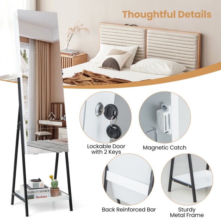 Freestanding jewelry organizer with full-length mirror, lockable door, and sturdy metal frame for elegant storage.