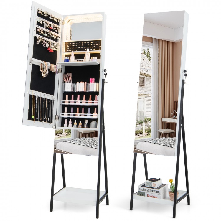 Freestanding jewelry organizer with full-length mirror, lockable storage, and LED lights for makeup convenience.